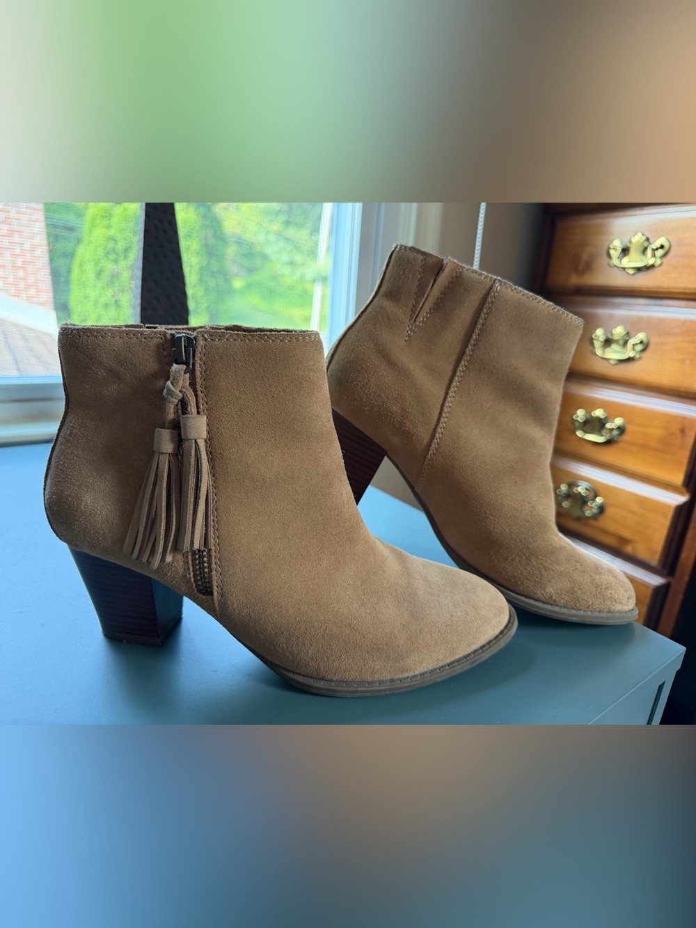 Vionic Suede Tassel Ankle Booties in Light Brown